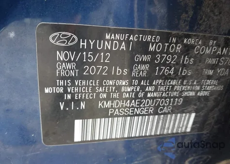 2013 Hyundai Elantra Gls z USA, uszkodzony, nr VIN KMHDH4AE2DU703119